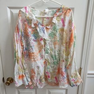 Soft Surroundings 1x Linen Adeline Floral Ruffle Blouse Long Sleeve Paisley
